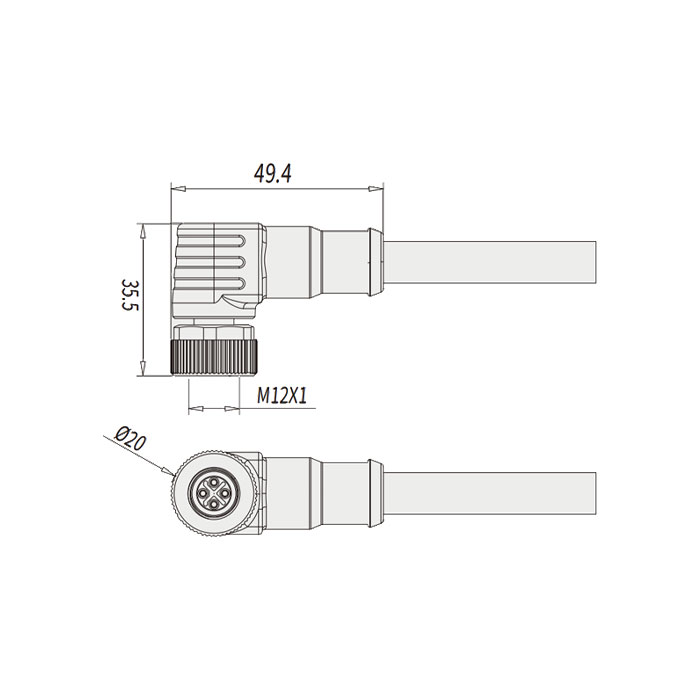 M12 4Pin S-coded、母頭90°、單端預(yù)鑄PVC非柔性電纜、黃色護(hù)套、64SP43-XXX