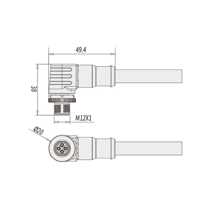 M12 4Pin S-coded、公頭90°、單端預(yù)鑄PUR柔性電纜、黑色護套、64SP65-XXX