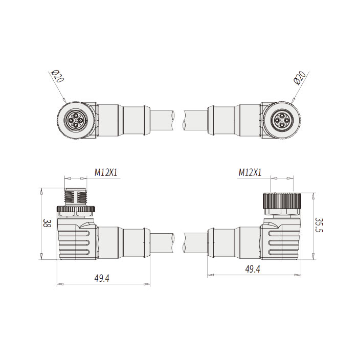 M12 4Pin S-coded、母頭90°轉(zhuǎn)公頭90°、雙端預(yù)鑄PVC非柔性電纜、黃色護(hù)套、64SD63-XXX