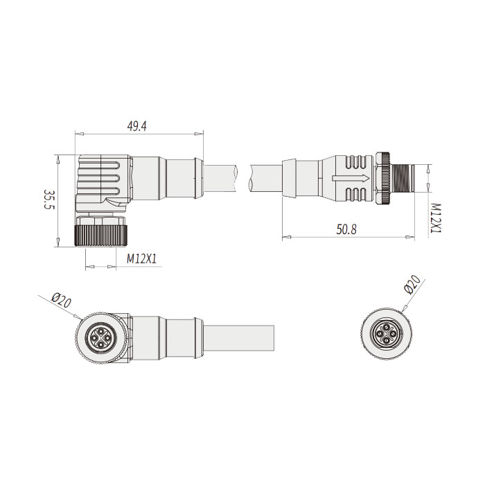 M12 4Pin S-coded、母頭90°轉公頭直型、雙端預鑄PVC非柔性電纜、灰色護套、64SD41-XXX