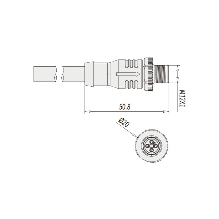 M12 4Pin T-coded、公頭直型、單端預(yù)鑄PVC非柔性電纜、灰色護(hù)套、64TP21-XXX