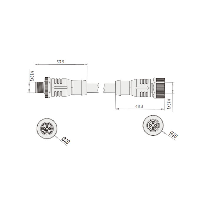 M12 4Pin T-coded、母頭直型轉公頭直型、雙端預鑄PVC非柔性電纜、灰色護套、64TD01-XXX