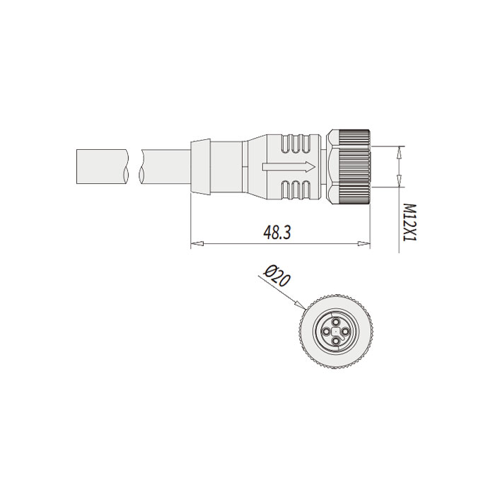 M12 4Pin T-coded、母頭直型、單端預鑄PUR柔性電纜、黑色護套、64TP05-XXX