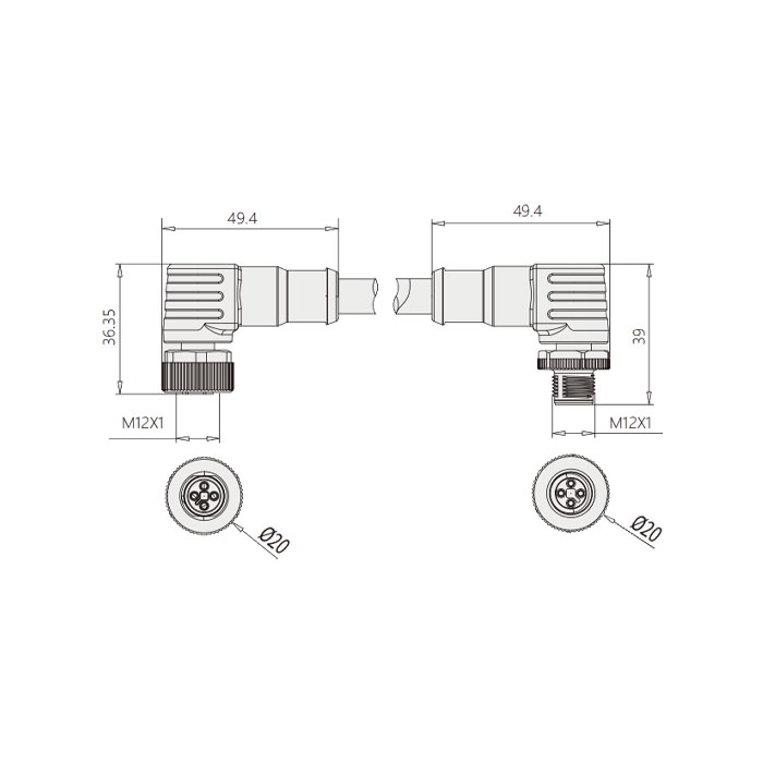 M12 4Pin T-coded、母頭90°轉(zhuǎn)公頭90°、雙端預(yù)鑄PVC非柔性電纜、灰色護套、64TD61-XXX