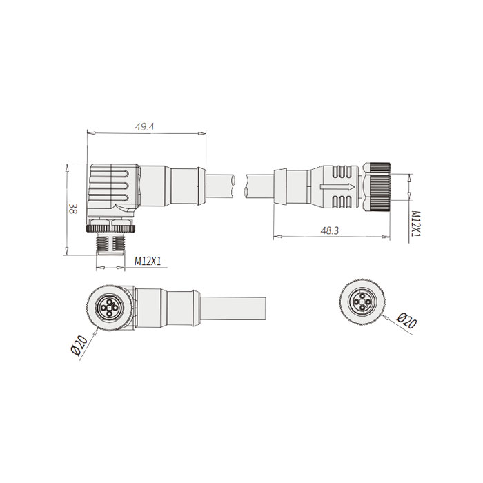 M12 4Pin T-coded、母頭直型轉公頭90°、雙端預鑄PVC非柔性電纜、灰色護套、64TD21-XXX