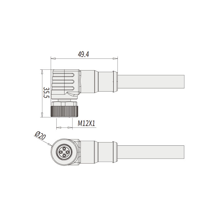 M12 4Pin T-coded、母頭90°、單端預鑄PVC非柔性電纜、黃色護套、64TP43-XXX