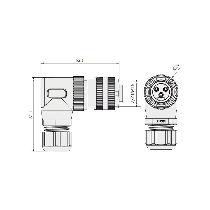 7/8”3Pin、母頭90°、螺釘連接、0PF083