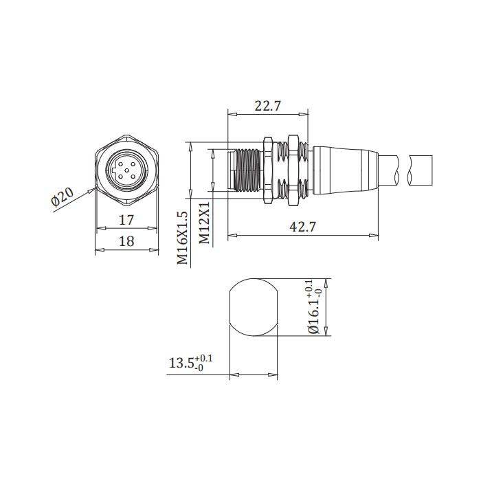 M12 2Pin 、Profibus法蘭插座、B-coded、單端預鑄PUR柔性電纜、紫色護套、0C4061-XXX