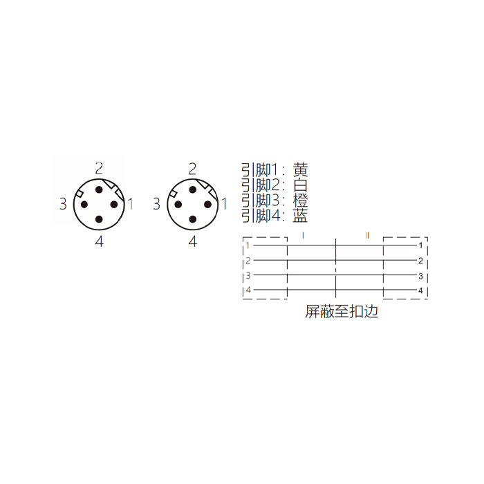 M12 4Pin D-coded、公頭90°轉(zhuǎn)公頭90°、雙端預(yù)鑄PVC非柔性電纜、帶屏蔽、黃色護(hù)套、0C4498-XXX