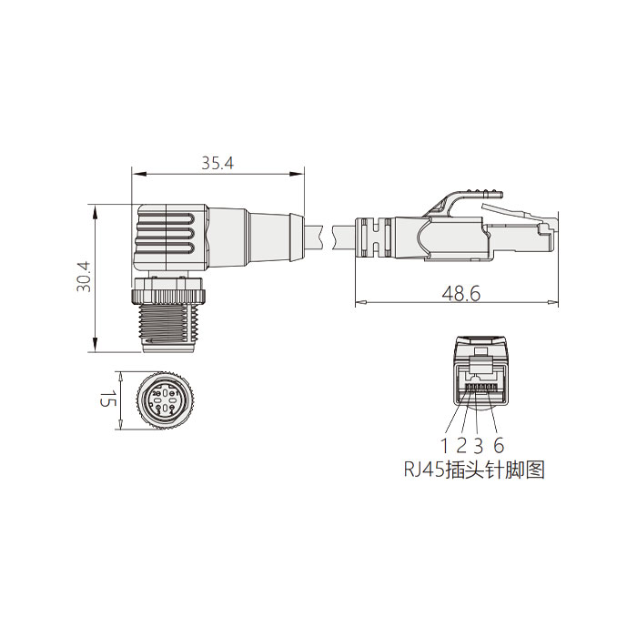 M12 4Pin D-coded 公頭90°轉RJ45公頭直型、雙端預鑄PUR柔性電纜、帶屏蔽、綠色護套、0C4591-XXX