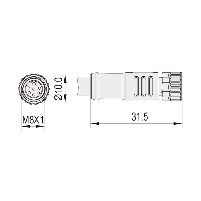 M8 8Pin、母頭直型、單端預鑄PVC非柔性電纜、灰色護套、63S743-XXX