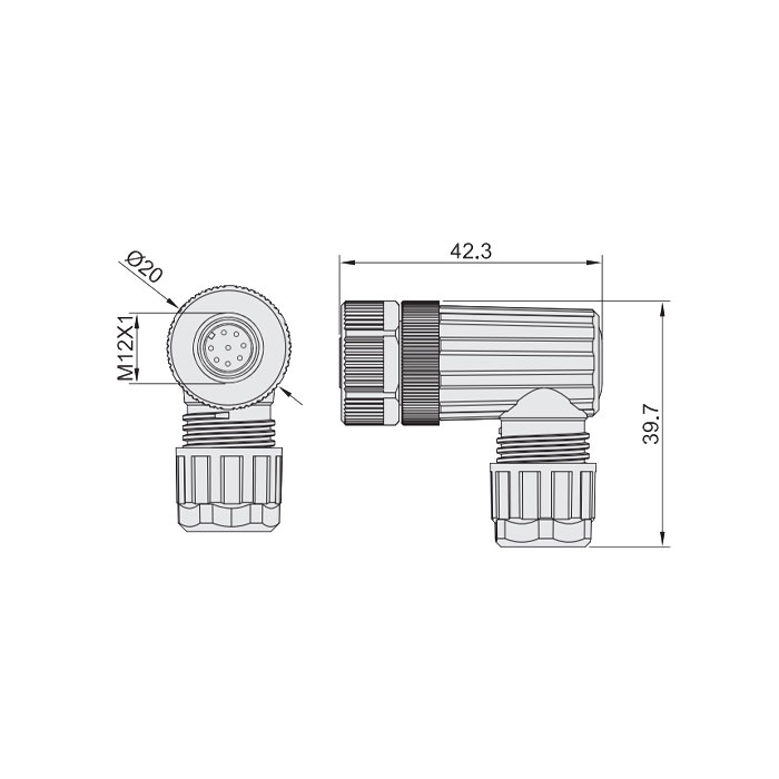 M12 8Pin、母頭90°、螺釘連接、64F401