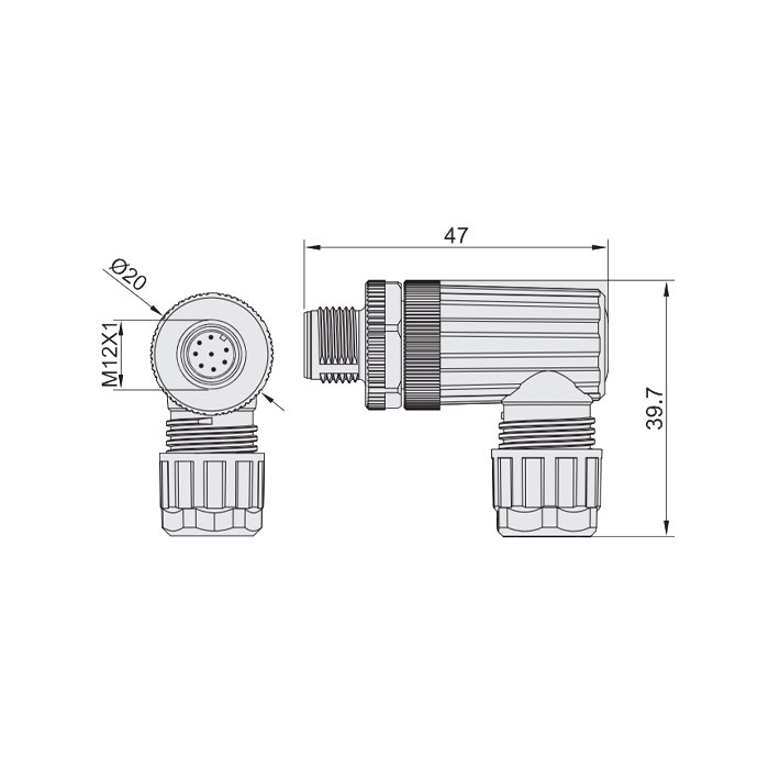 M12 8Pin、公頭90°、螺釘連接、64F421 