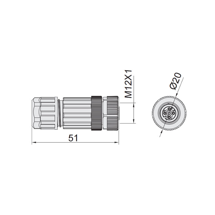 M12 5Pin、母頭直型、食品級、螺釘連接、64F229