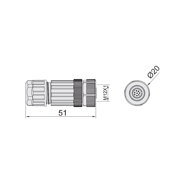 M12 8Pin、母頭直型、食品級、螺釘連接、64F369