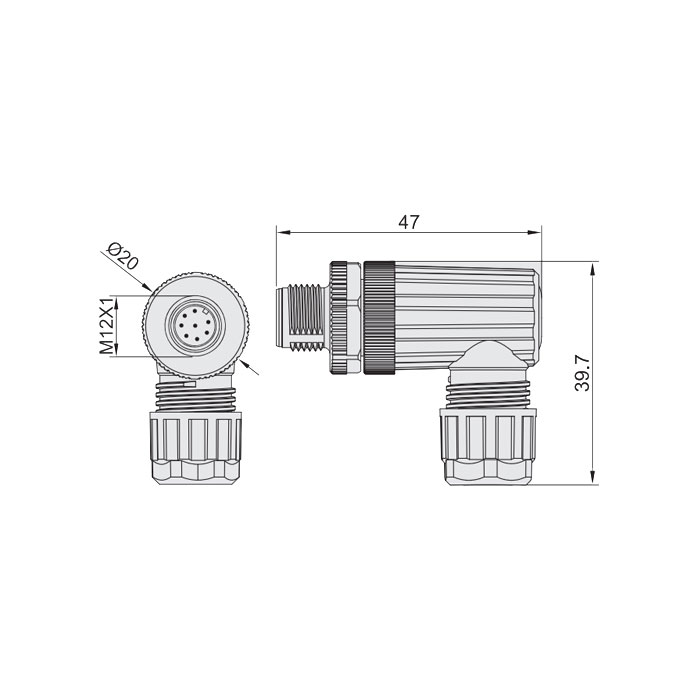 M12 8Pin、公頭90°、食品級、螺釘連接、64F429