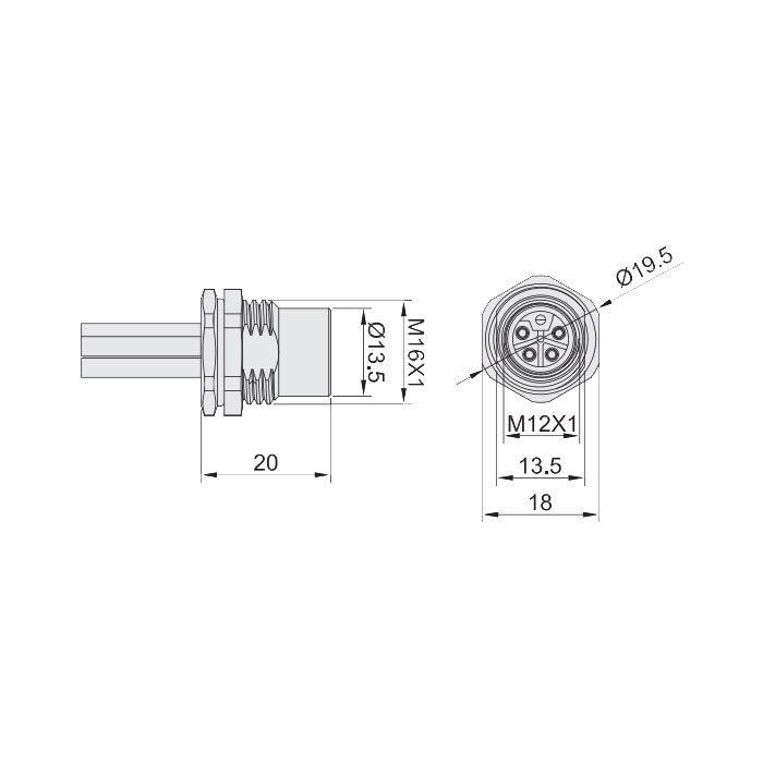 M12 5Pin L-coded、母頭直型、法蘭插座、板后安裝、預鑄UL電子線、64LB01-XXX