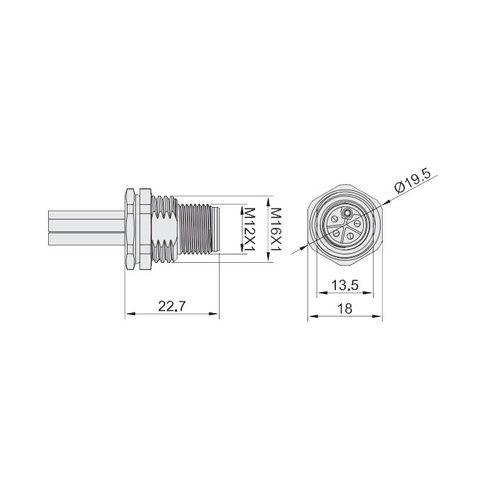 M12 5Pin L-coded、公頭直型、法蘭插座、板后安裝、預鑄UL電子線、64LB21-XXX