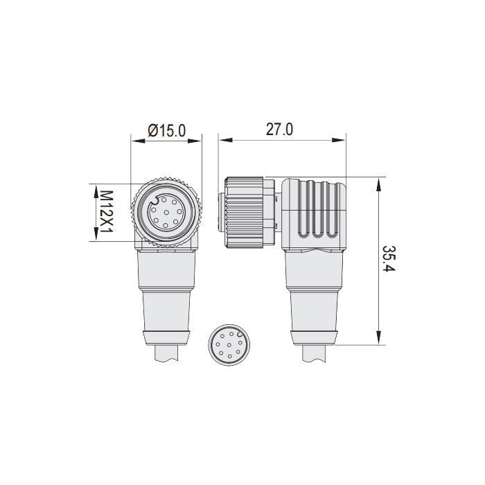 M12 8Pin、母頭90°、單端預鑄PVC非柔性電纜、灰色護套、64S345-XXX