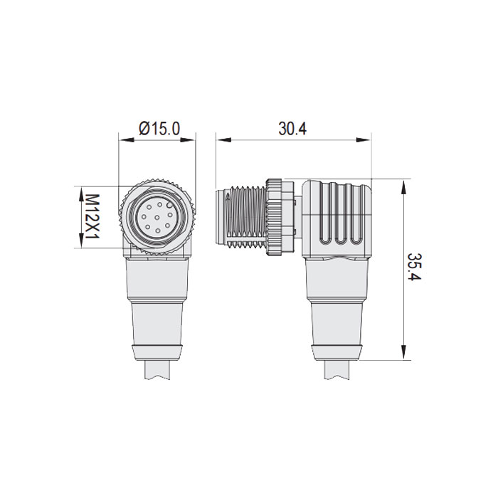 M12 8Pin、公頭90°、單端預鑄PVC非柔性電纜、灰色護套、64S8R5-XXX