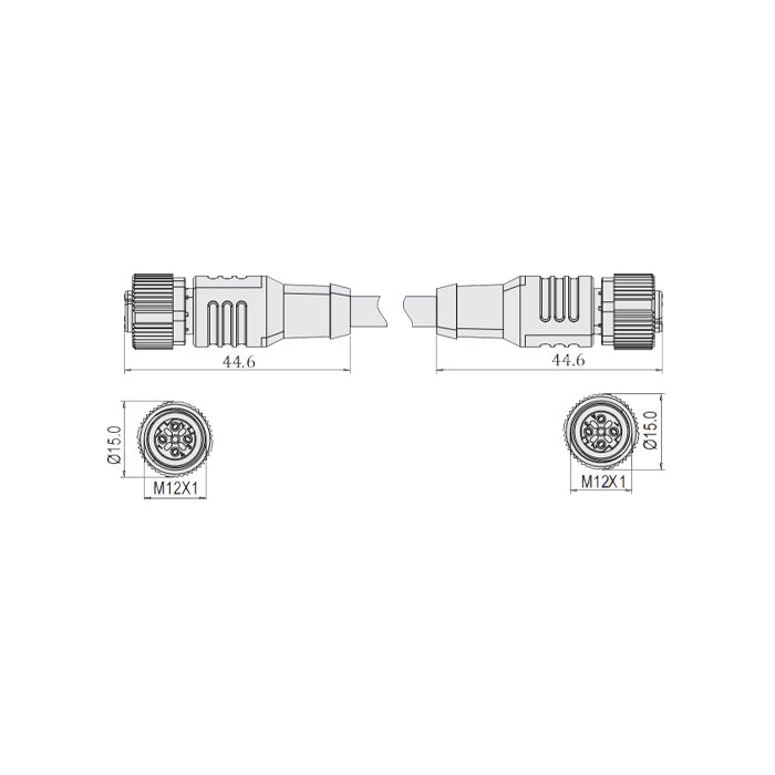 M12 4Pin D-coded、母頭直型轉母頭直型、雙端預鑄PUR柔性電纜、帶屏蔽、黑色護套、64DD65-XXX