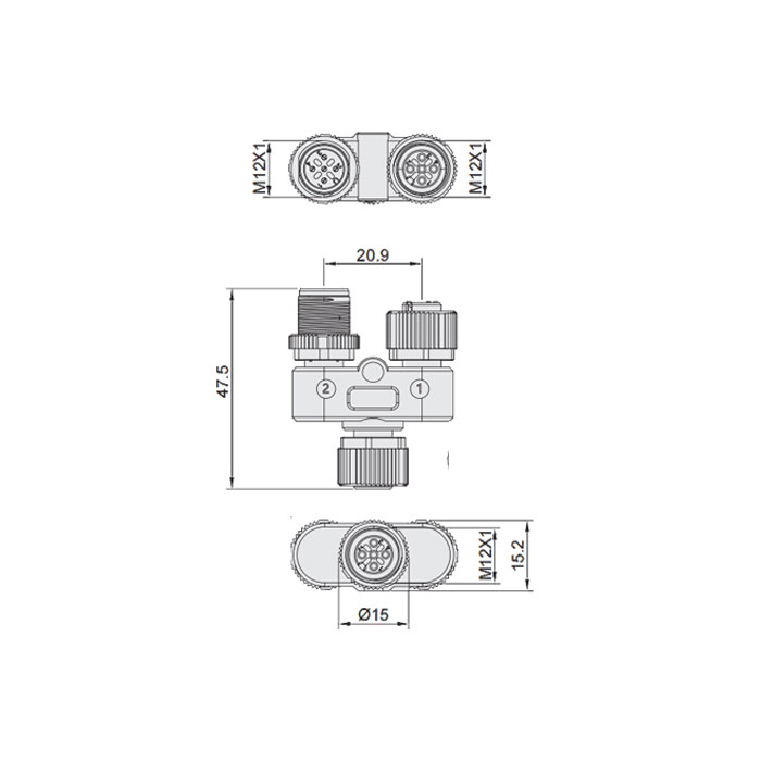 M12 5Pin母頭/M12 5Pin公頭+M12 5Pin母頭、三通接頭、644443