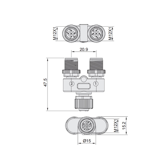 M12 5Pin母頭/2M12 5Pin公頭、三通接頭、644456