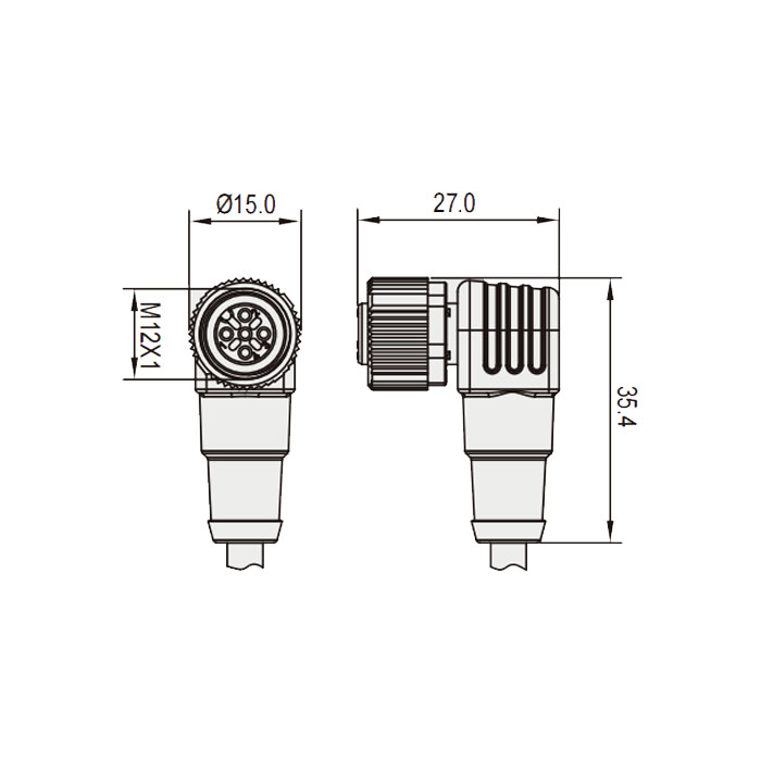 M12 3Pin、母頭90°、帶LED燈、IP 69K-ECOLAB、食品級、單端預(yù)鑄PVC非柔性電纜、灰色護套、64E003-XXX