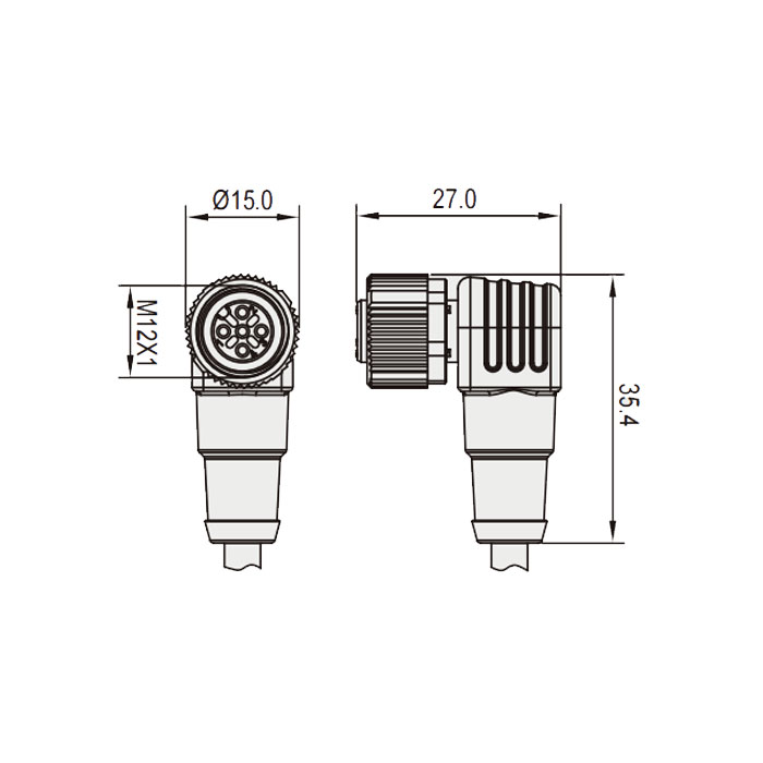 M12 4Pin 母頭90°、帶LED燈、IP 69K-ECOLAB、食品級、單端預(yù)鑄PUR柔性電纜、黑色護(hù)套、64E061-XXX