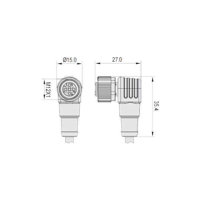 M12 3Pin、母頭90°、耐高溫120℃、單端預鑄PUR柔性電纜、黑色護套、64H021-XXX