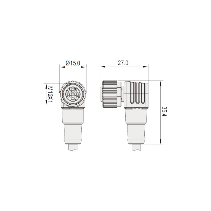 M12 4Pin、母頭90°、耐高溫120℃、單端預鑄PUR柔性電纜、黑色護套、64H061-XXX