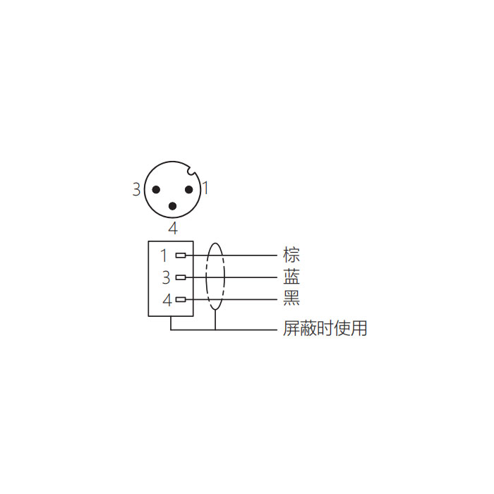 M12 3Pin、公頭90°、耐高溫120℃、單端預鑄PUR柔性電纜、黑色護套、64H121-XXX