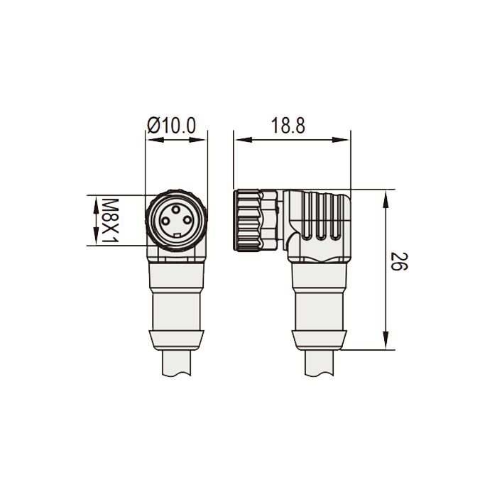 M8 3Pin、母頭90°、帶LED燈、IP 69K-ECOLAB、食品級、單端預鑄PUR柔性電纜、黑色護套、63E001-XXX