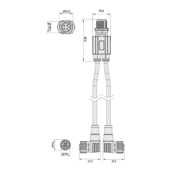 M12 4Pin公頭/2M12 3Pin母頭90°、帶LED燈、IP 69K-ECOLAB、食品級(jí)、Y型預(yù)鑄PVC非柔性電纜、灰色護(hù)套、64E423-XXX