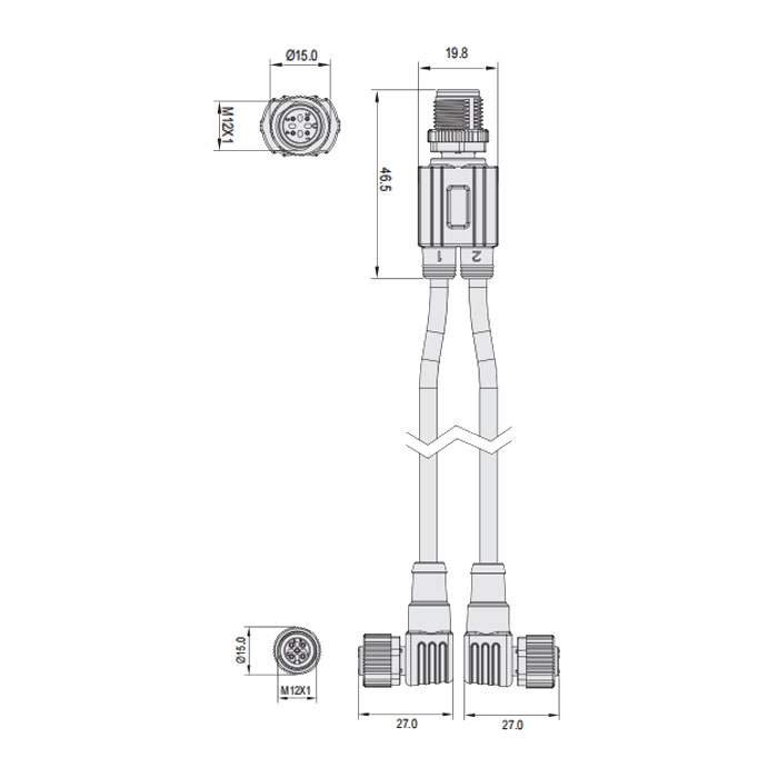 M12 4Pin公頭/2M12 3Pin母頭90°、IP 69K-ECOLAB、食品級、Y型預鑄PUR柔性電纜、黑色護套、64E441-XXX