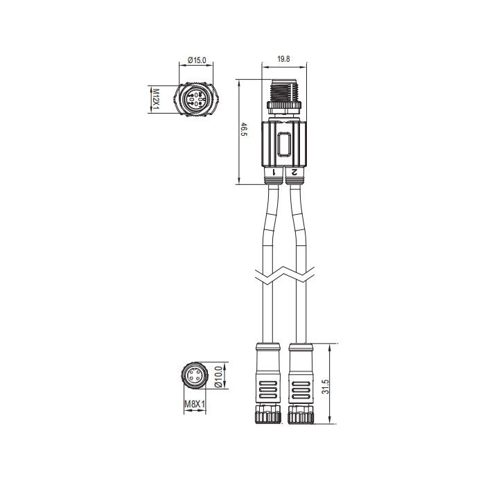 M12 4Pin公頭/2M8 4Pin母頭、Y型預鑄PVC非柔性電纜、灰色護套、64D427-XXX