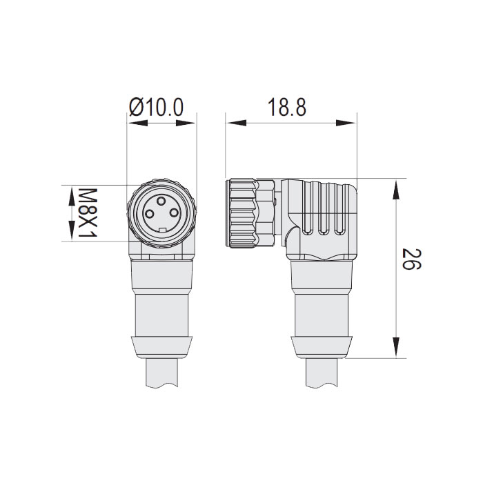  M8 3Pin、母頭90°、單端預鑄電纜、防焊渣PUR材質、橙色護套、63T021-XXX