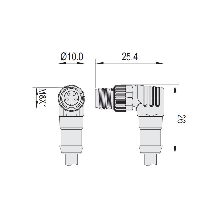 M8 4Pin、公頭90°、單端預鑄電纜、防焊渣PUR材質、橙色護套、63T581-XXX