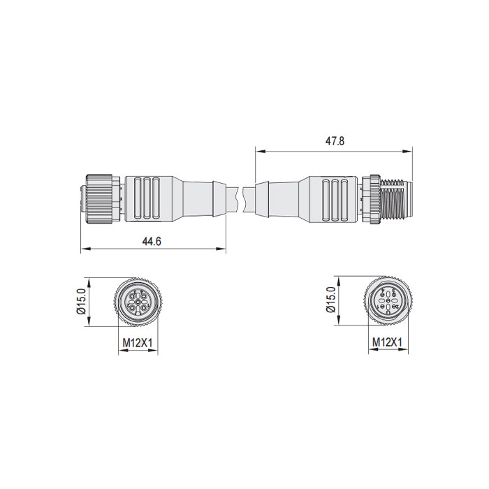 M12 5Pin、母頭直型轉公頭直型、雙端預鑄防焊渣PUR柔性電纜、黃色護套、64T531-XXX