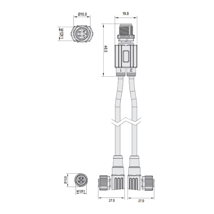 M12 4Pin公頭/2M12 3Pin母頭90°、帶LED燈、Y型預鑄防焊渣PUR柔性電纜、黃色護套、64T181-XXX