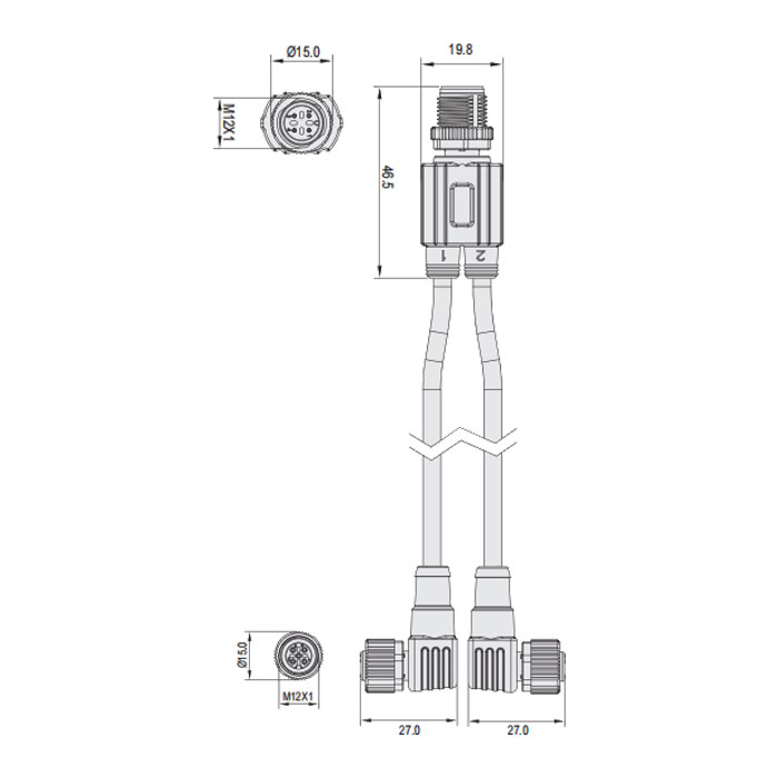 M12 4Pin公頭/2M12 3Pin母頭90°、Y型預鑄防焊渣PUR柔性電纜、黃色護套、64T201-XXX