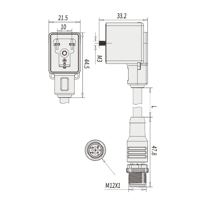 閥門插頭類型B，DIN，10mm，3Pin/M12公頭直型、雙端預鑄PVC非柔性電纜、灰色護套、6VB043-XXX