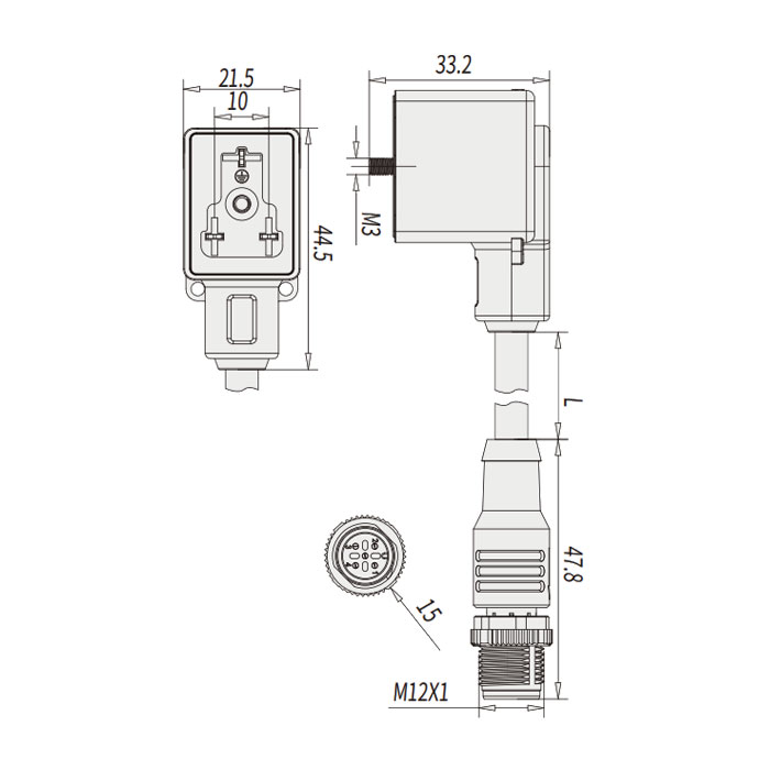 閥門插頭類型B，DIN，10mm，3Pin/M12公頭直型、雙端預鑄PUR柔性電纜、黑色護套、6VB061-XXX