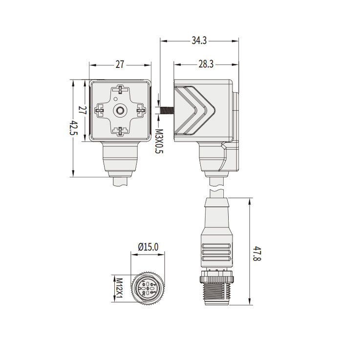 閥門插頭類型A，DIN，18mm，4Pin/M12直型公頭、雙端預(yù)鑄PUR柔性電纜、黑色護(hù)套、6VA041-XXX