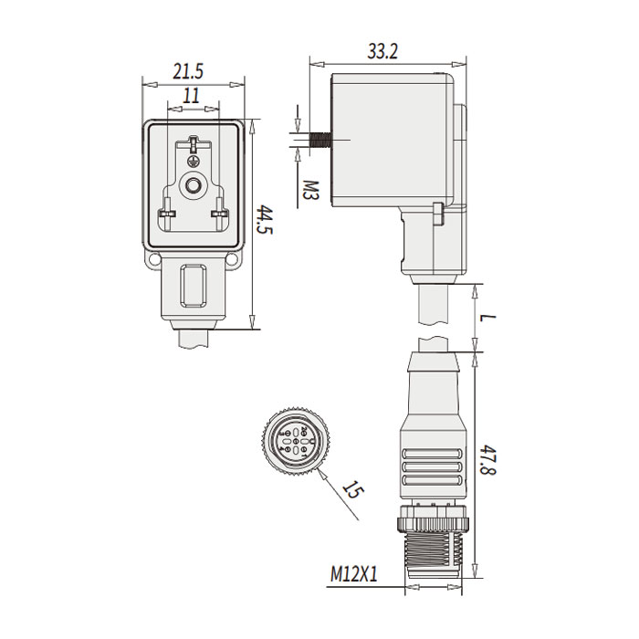 閥門插頭類型B，工業，11 mm，3Pin/M12公頭直型、雙端預鑄PVC非柔性電纜、灰色護套、6VB143-XXX