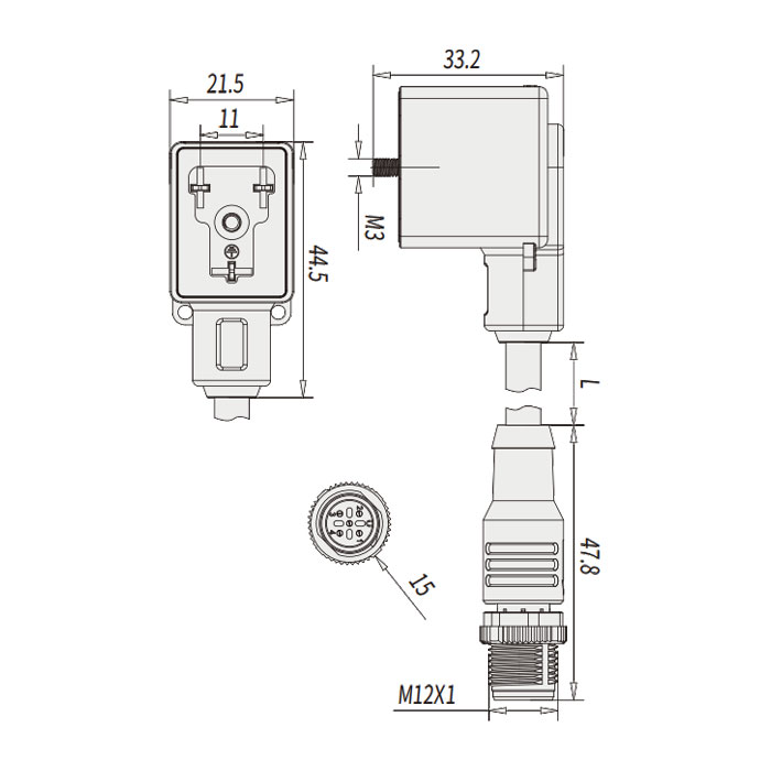 閥門插頭類型B，工業(yè)，11 mm，3Pin/M12公頭直型、雙端預(yù)鑄PUR柔性電纜、黑色護(hù)套、6VB121-XXX