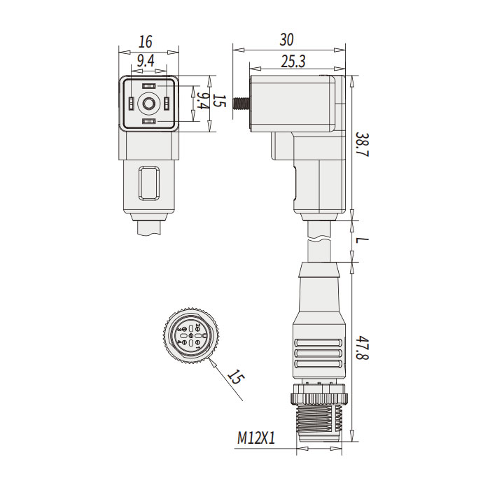 閥門插頭類型C，工業，9.4 mm，4Pin/M12公頭直型、雙端預鑄PVC非柔性電纜、灰色護套、6VC063-XXX