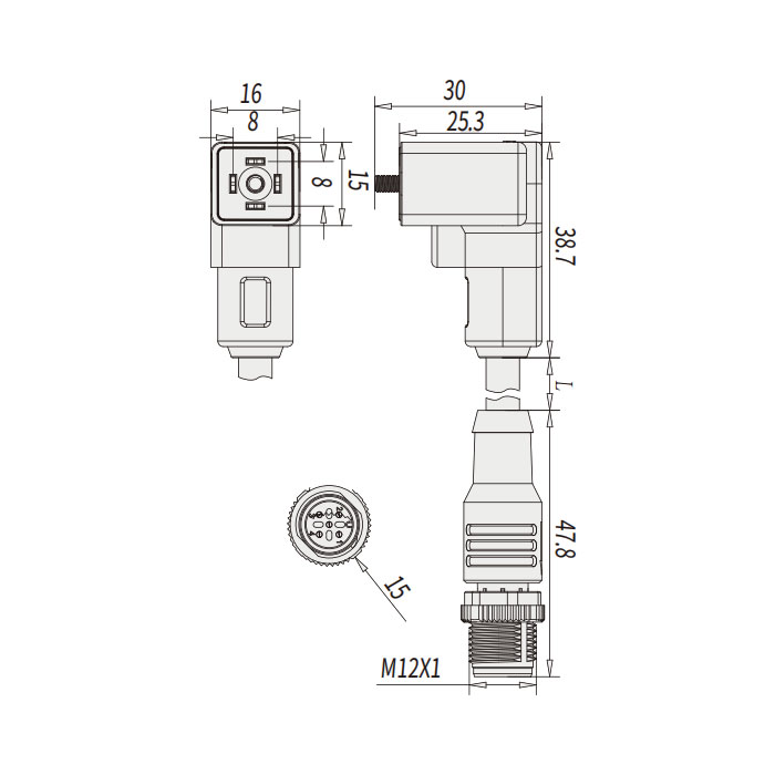 閥門插頭類型C，DIN，8mm，4Pin/M12公頭直型、雙端預鑄PVC非柔性電纜、灰色護套、6VC023-XXX