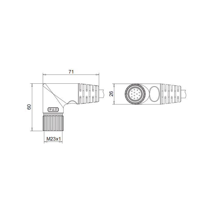 M23 12Pin、母頭90°、單端預鑄PVC非柔性電纜、灰色護套、68CB61-XXX