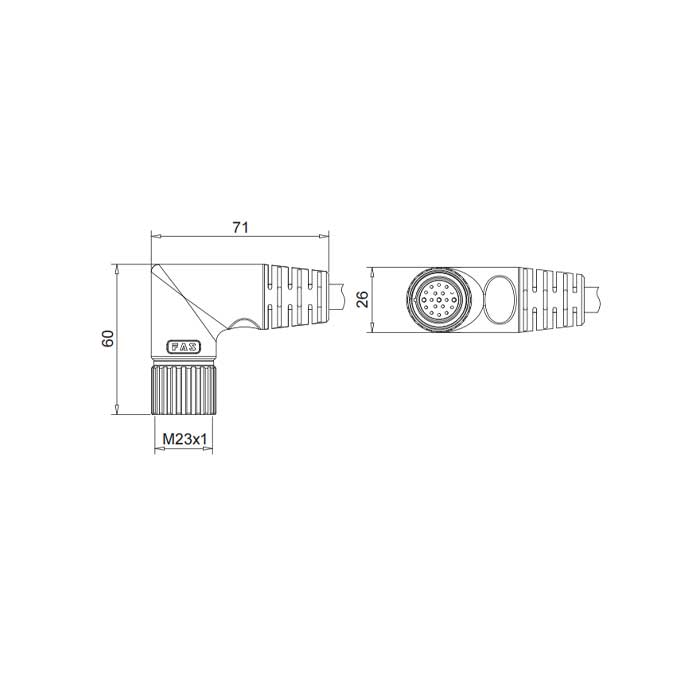 M23 19Pin、母頭90°、單端預鑄PVC非柔性電纜、灰色護套、68LB61-XXX